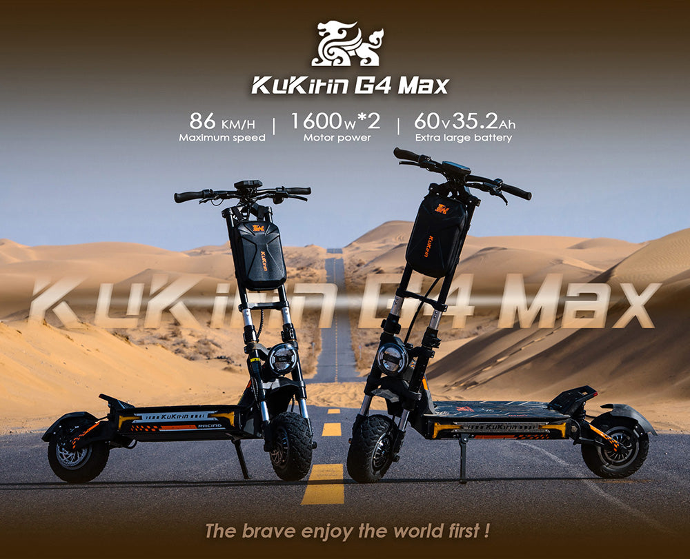 Elektrokolobežka KuKirin G4 Max Off-Road, 2*1600W bezuhlíkový nábojový motor, 12-palcové pneumatiky do terénu, 60V 35,2Ah batéria, maximálny dojazd 95 km, maximálna rýchlosť 86 km/h, predná a zadná hydraulická brzda, vodotesnosť IP54.