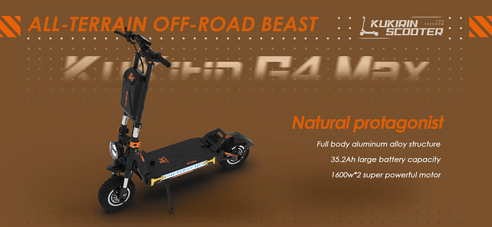 Elektrokolobežka KuKirin G4 Max Off-Road, 2*1600W bezuhlíkový nábojový motor, 12-palcové pneumatiky do terénu, 60V 35,2Ah batéria, maximálny dojazd 95 km, maximálna rýchlosť 86 km/h, predná a zadná hydraulická brzda, vodotesnosť IP54.