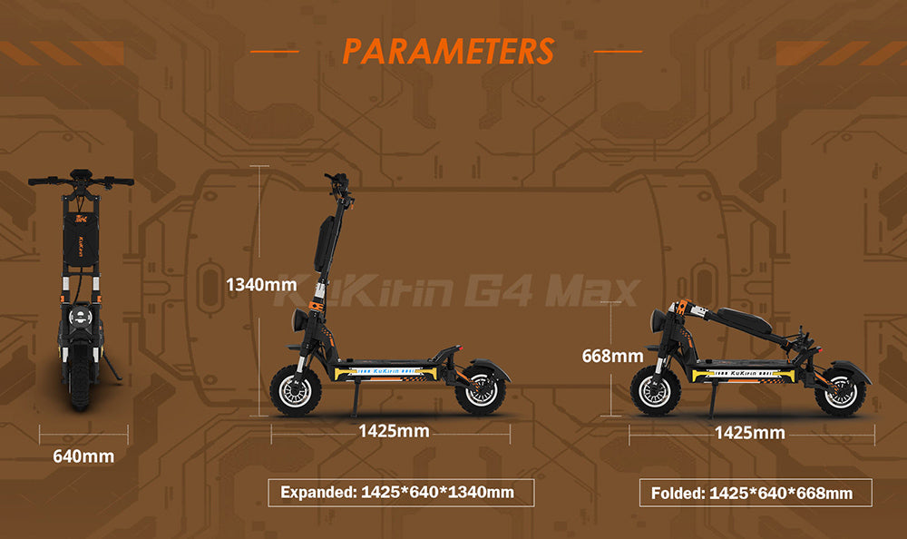 Elektrokolobežka KuKirin G4 Max Off-Road, 2*1600W bezuhlíkový nábojový motor, 12-palcové pneumatiky do terénu, 60V 35,2Ah batéria, maximálny dojazd 95 km, maximálna rýchlosť 86 km/h, predné a zadné hydraulické brzdy, vodotesnosť IP54.
