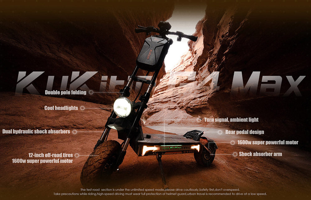 Elektrokolobežka KuKirin G4 Max Off-Road, 2*1600W bezuhlíkový nábojový motor, 12-palcové pneumatiky do terénu, 60V 35,2Ah batéria, maximálny dojazd 95 km, maximálna rýchlosť 86 km/h, predná a zadná hydraulická brzda, vodotesnosť IP54.