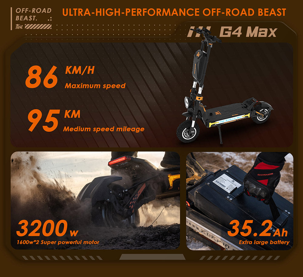 Elektrokolobežka KuKirin G4 Max Off-Road, 2*1600W bezuhlíkový nábojový motor, 12-palcové pneumatiky do terénu, 60V 35,2Ah batéria, maximálny dojazd 95 km, maximálna rýchlosť 86 km/h, predná a zadná hydraulická brzda, vodotesnosť IP54.