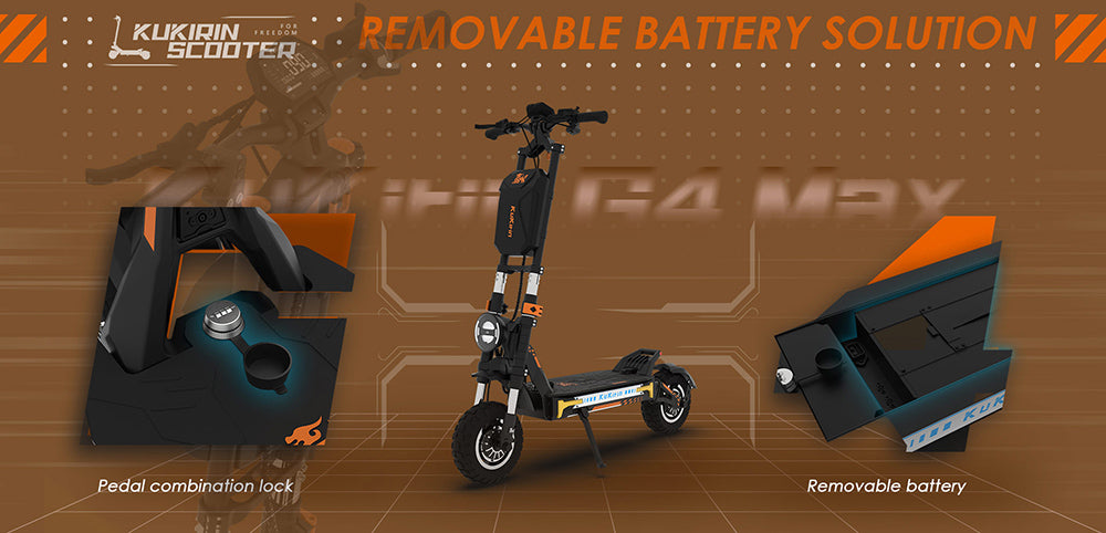 Elektrokolobežka KuKirin G4 Max Off-Road, 2*1600W bezuhlíkový nábojový motor, 12-palcové pneumatiky do terénu, 60V 35,2Ah batéria, maximálny dojazd 95 km, maximálna rýchlosť 86 km/h, predné a zadné hydraulické brzdy, vodotesnosť IP54.