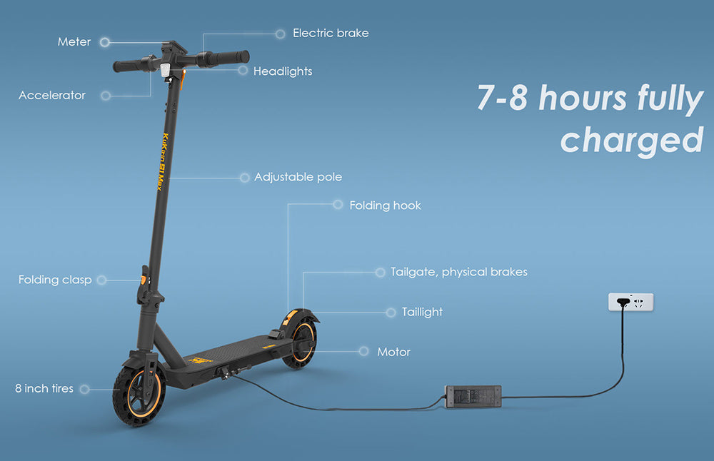 Elektromobilný skútik KuKirin S1 Max, skladací, 350W motor, 36V 10.4Ah batéria, 8-palcové pneumatiky, maximálna rýchlosť 30 km/h, dojazd 39 km, predná elektronická brzda, zadné pružinové odpruženie, inteligentný displej.