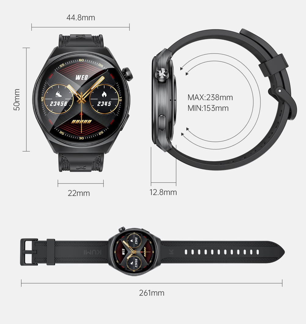 Inteligentné hodinky KUMI GW6, 1,43-palcový AMOLED HD displej, funkcia hlasového ovládania AI, monitorovanie spánku a tepovej frekvencie, Bluetooth volania - čierna