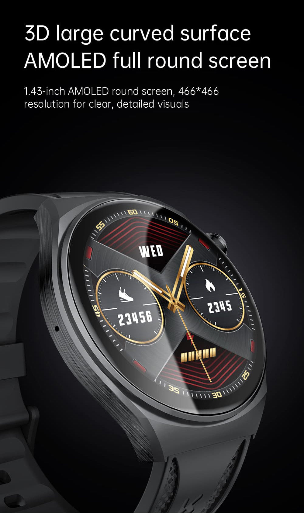 Inteligentné hodinky KUMI GW6, 1,43-palcový AMOLED HD displej, funkcia hlasového ovládania AI, monitorovanie spánku a srdcového tepu, Bluetooth volania - čierna