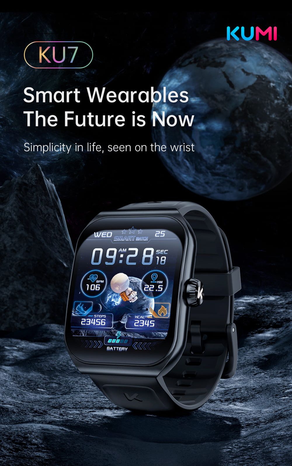 KUMI KU7 Smartwatch, 1,96'' AMOLED displej, Bluetooth hovory, monitorovanie zdravotného stavu, informácie o akciovom trhu, 100 režimů pro sport - Černá