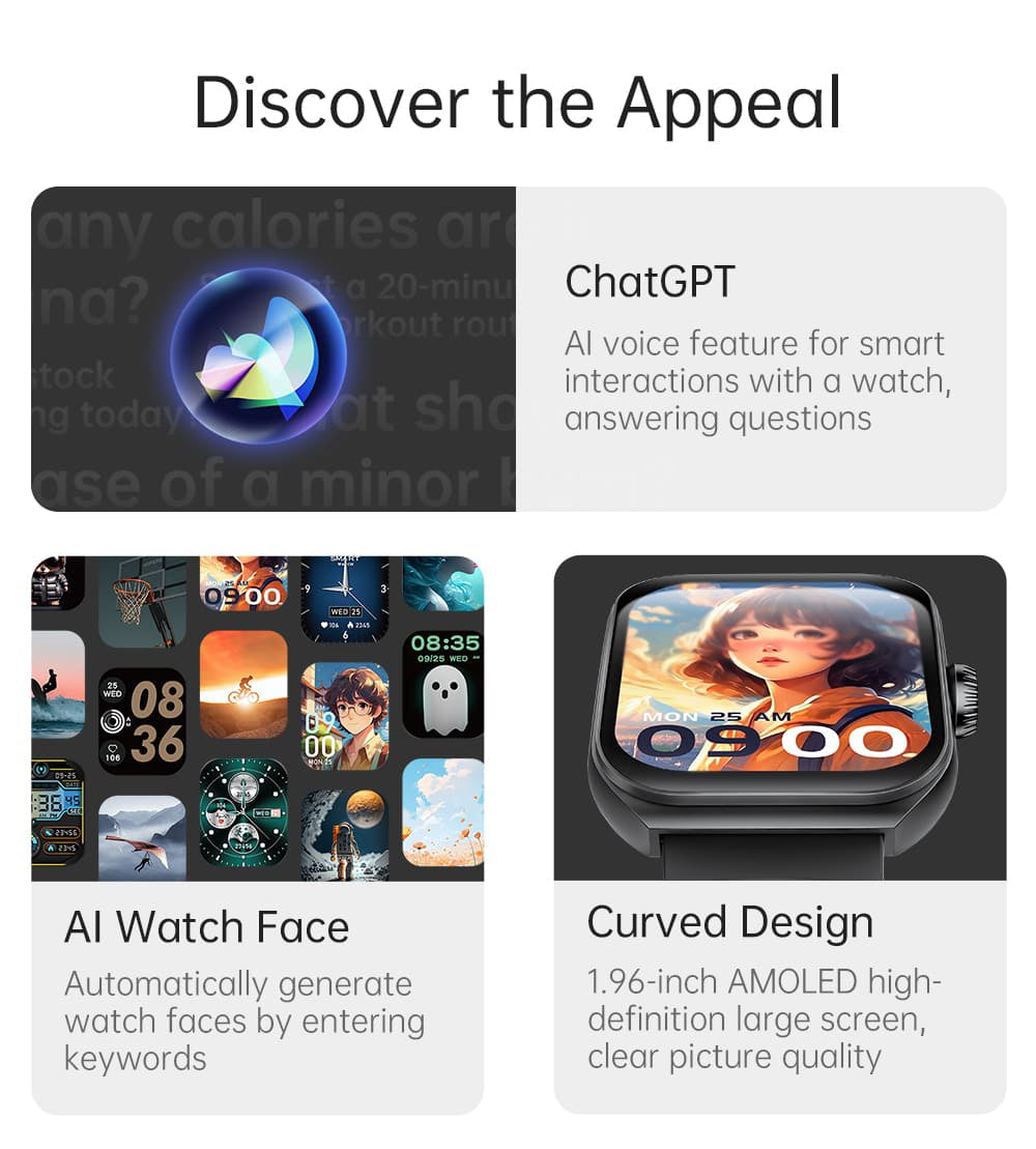 KUMI KU7 Smartwatch, 1,96'' AMOLED displej, Bluetooth volania, monitorovanie zdravia, informácie o akciovom trhu, 100 sportovych režimov - čierna