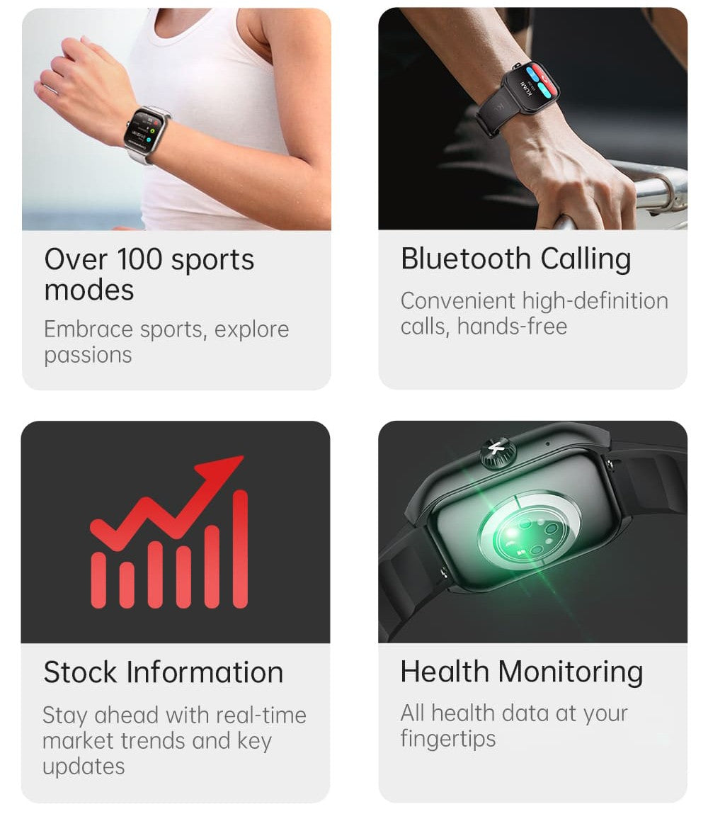 KUMI KU7 Smartwatch, 1,96'' AMOLED displej, Bluetooth hovory, monitorovanie zdravotného stavu, informácie o akciovom trhu, 100 režimů pro sport - Černá