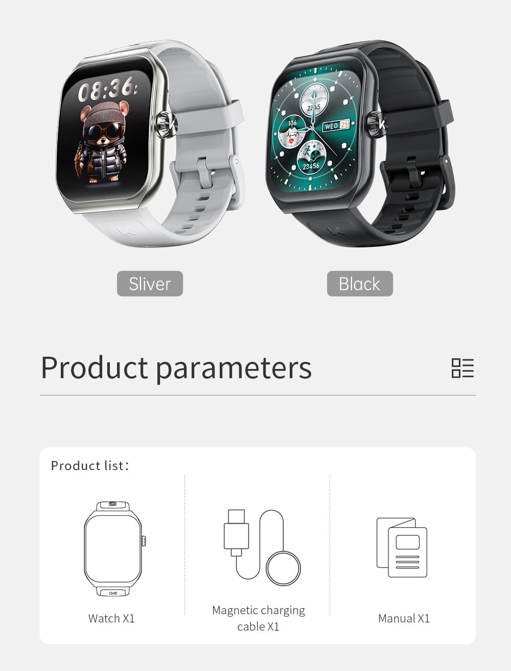 KUMI KU7 Smartwatch, 1,96'' AMOLED displej, Bluetooth volania, monitorovanie zdravia, informácie o akciovom trhu, 100 sportovych režimov - čierna