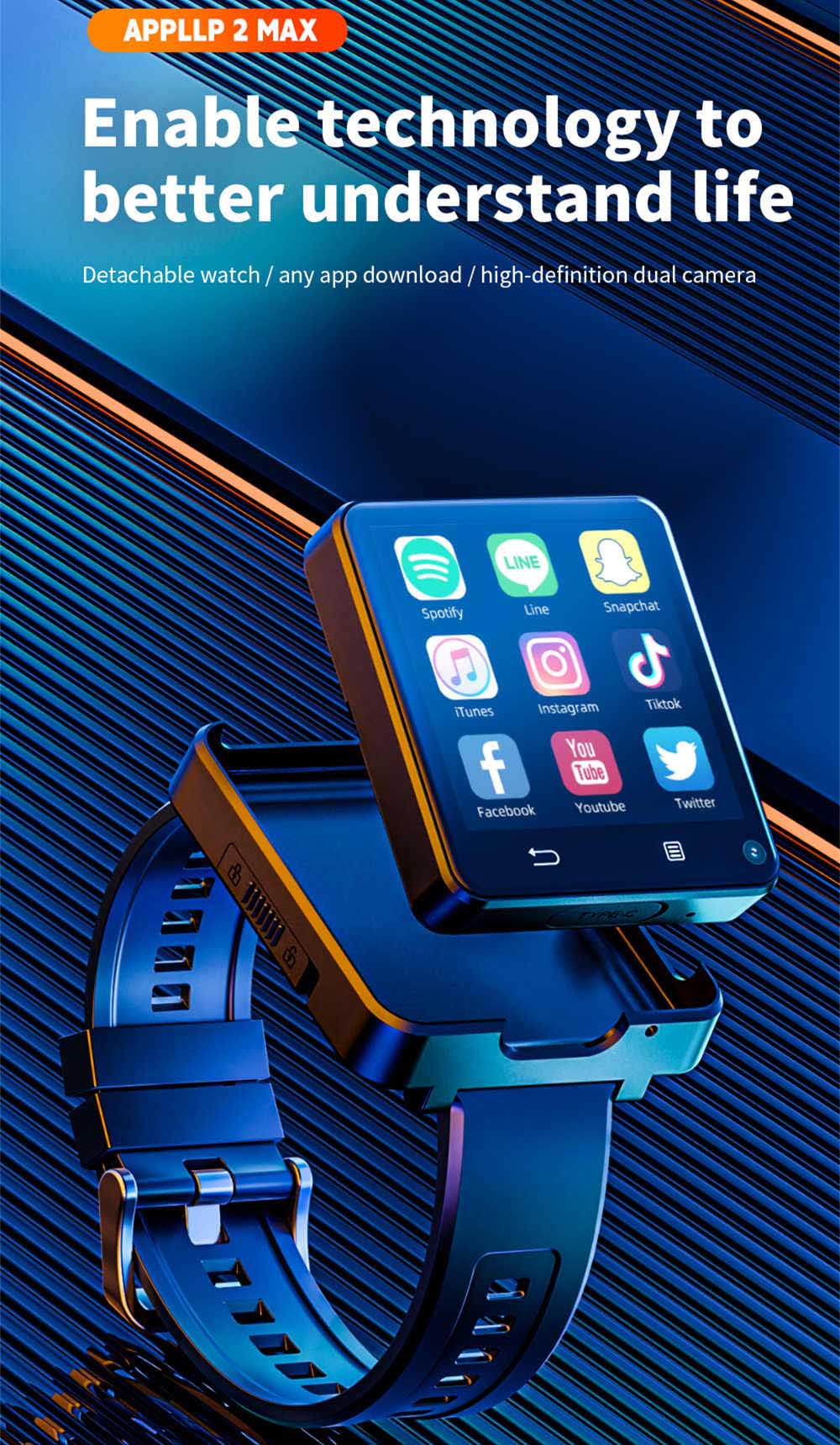 Odnímateľné inteligentné hodinky LOKMAT APPLLP 2 MAX, 2,64-palcový displej, Android 11, podpora 4G/5G SIM karty, Bluetooth pripojenie, GPS určenie polohy, batéria 1200 mAh