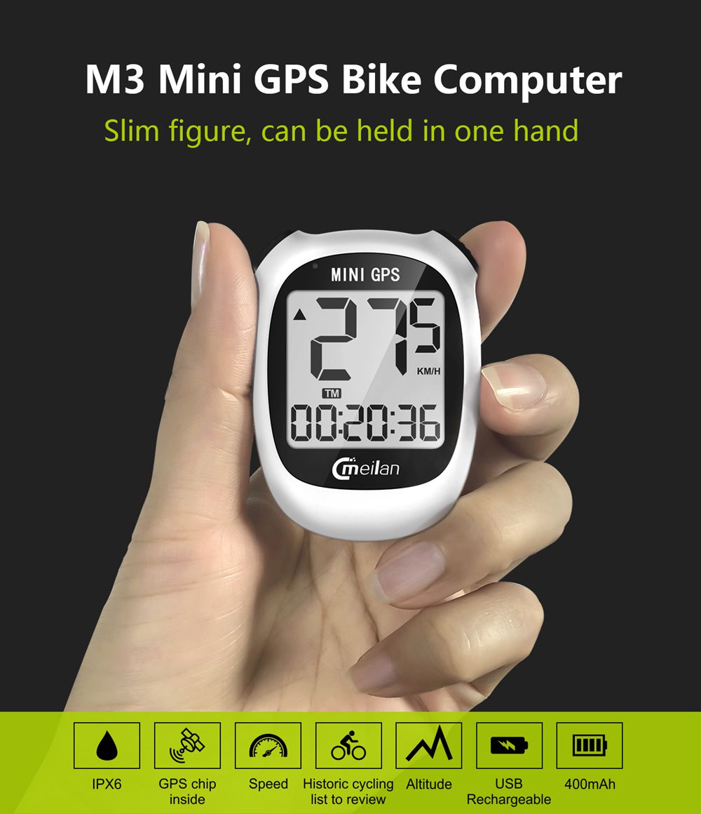 Mini GPS cyklistický počítač Meilan M3, vodotesný, s tachometrom a odometerom, 1,6" monochromatický displej - biela