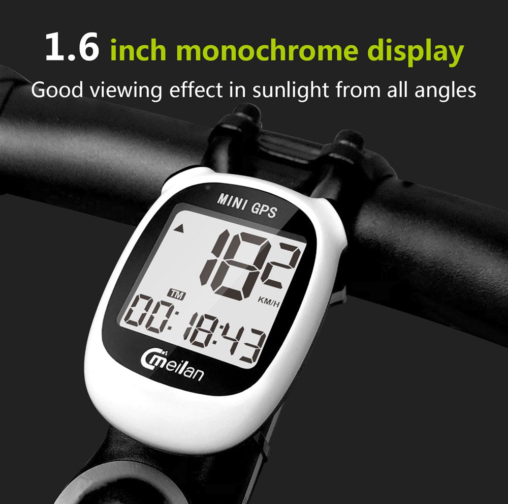 Mini GPS cyklistický počítač Meilan M3, vodotesný, s meračom rýchlosti a počítadlom kilometrov, 1,6" monochromatický displej - biela