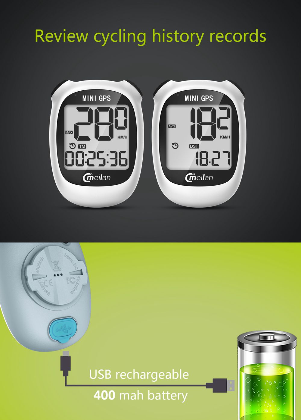 Mini GPS cyklistický počítač Meilan M3, vodotesný, s tachometrom a odometerom, 1,6" monochromatický displej - biela