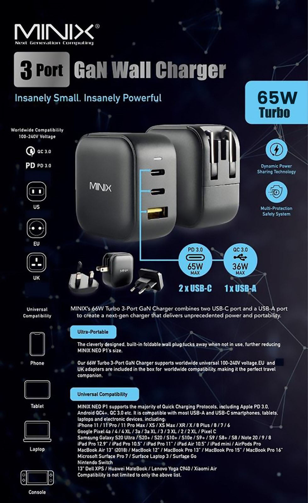 MINIX P1 GaN rýchlonabíjačka, maximálny výstup 65 W, 1*USB-A, 2*USB-C porty