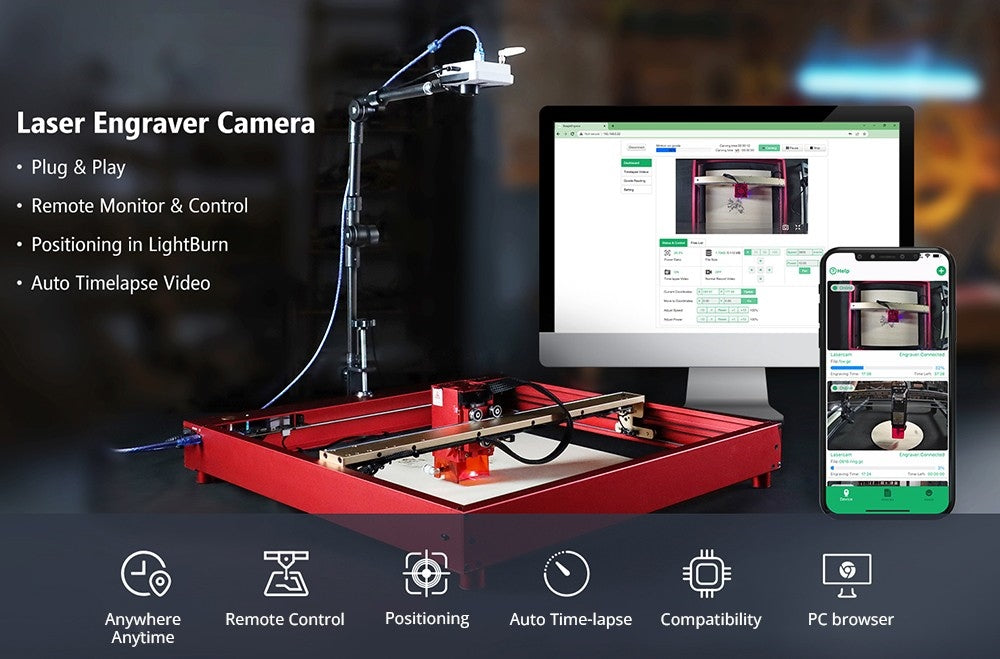 Laserová gravírovacia kamera Mintion Lasercam, rozlíšenie videa 1080P, určovanie polohy v LightBurn, diaľkové ovládanie cez WiFi, automatické časozáznamové video, detekcia požiaru, nočný režim, podpora prehliadača v PC