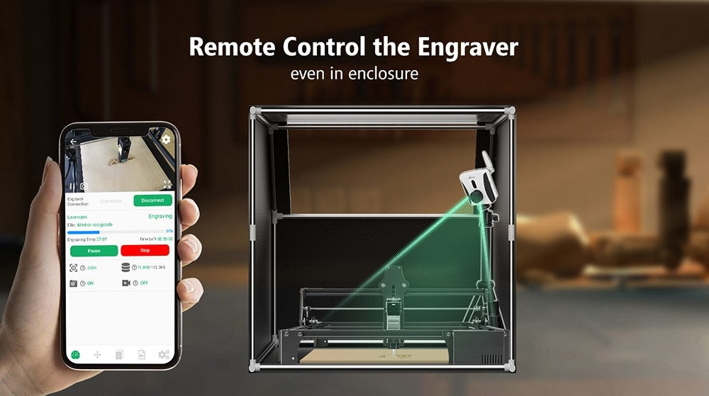 Laserová gravírovacia kamera Mintion Lasercam, rozlíšenie videa 1080P, určovanie polohy v LightBurn, diaľkové ovládanie cez WiFi, automatické časozáznamové video, detekcia požiaru, nočný režim, podpora prehliadača v PC