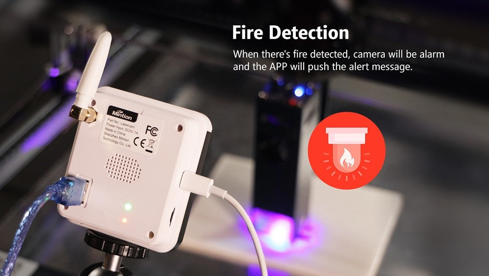 Laserová gravírovacia kamera Mintion Lasercam, rozlíšenie videa 1080P, určovanie polohy v LightBurn, diaľkové ovládanie cez WiFi, automatické časozáznamové video, detekcia požiaru, nočný režim, podpora prehliadača v PC