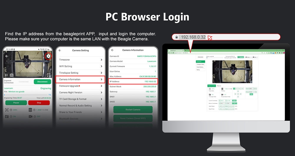 Laserová gravírovacia kamera Mintion Lasercam, rozlíšenie videa 1080P, určovanie polohy v LightBurn, diaľkové ovládanie cez WiFi, automatické časozáznamové video, detekcia požiaru, nočný režim, podpora prehliadača v PC