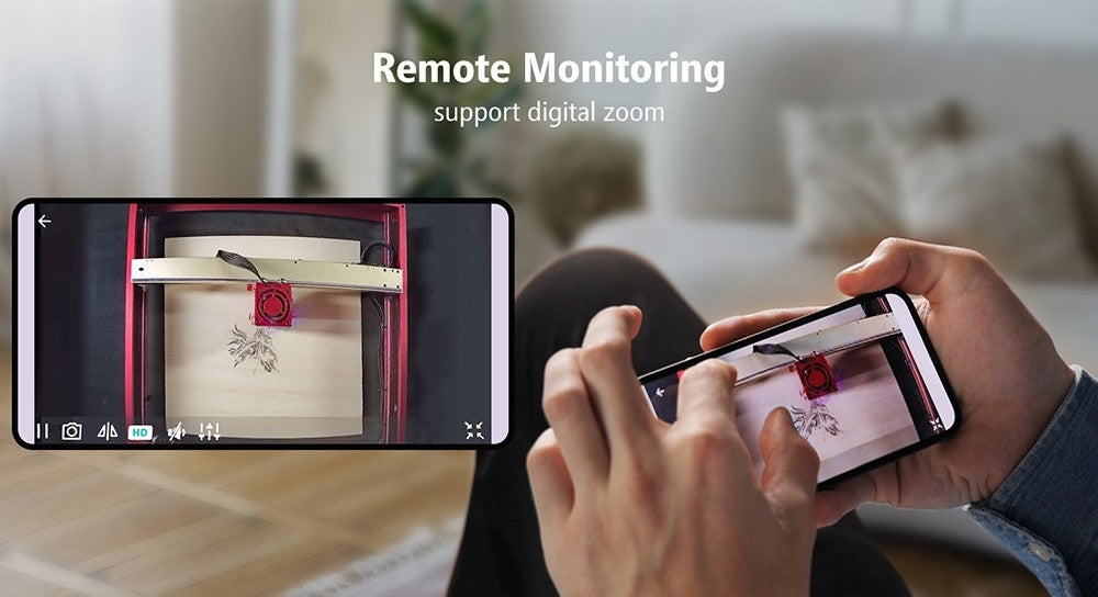 Laserová gravírovacia kamera Mintion Lasercam, rozlíšenie videa 1080P, určovanie polohy v LightBurn, diaľkové ovládanie cez WiFi, automatické časozáznamové video, detekcia požiaru, nočný režim, podpora prehliadača v PC