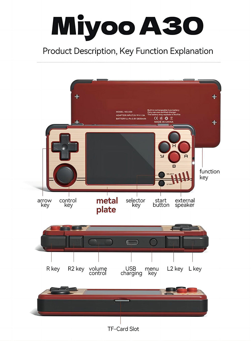 Herná konzola MIYOO A30 64GB, 2,8-palcový IPS displej, 2600mAh batéria, systém Linux, 2,4G WiFi - červeno-zlatá