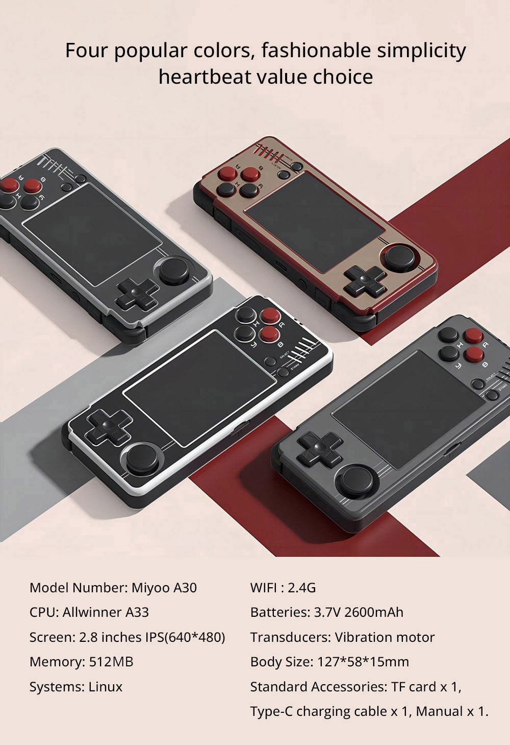 Retro herná konzola MIYOO A30 64GB, 2,8-palcový IPS displej, 5 hodín výdrže batérie, systém Linux, 2,4G WiFi - červeno-zlatá