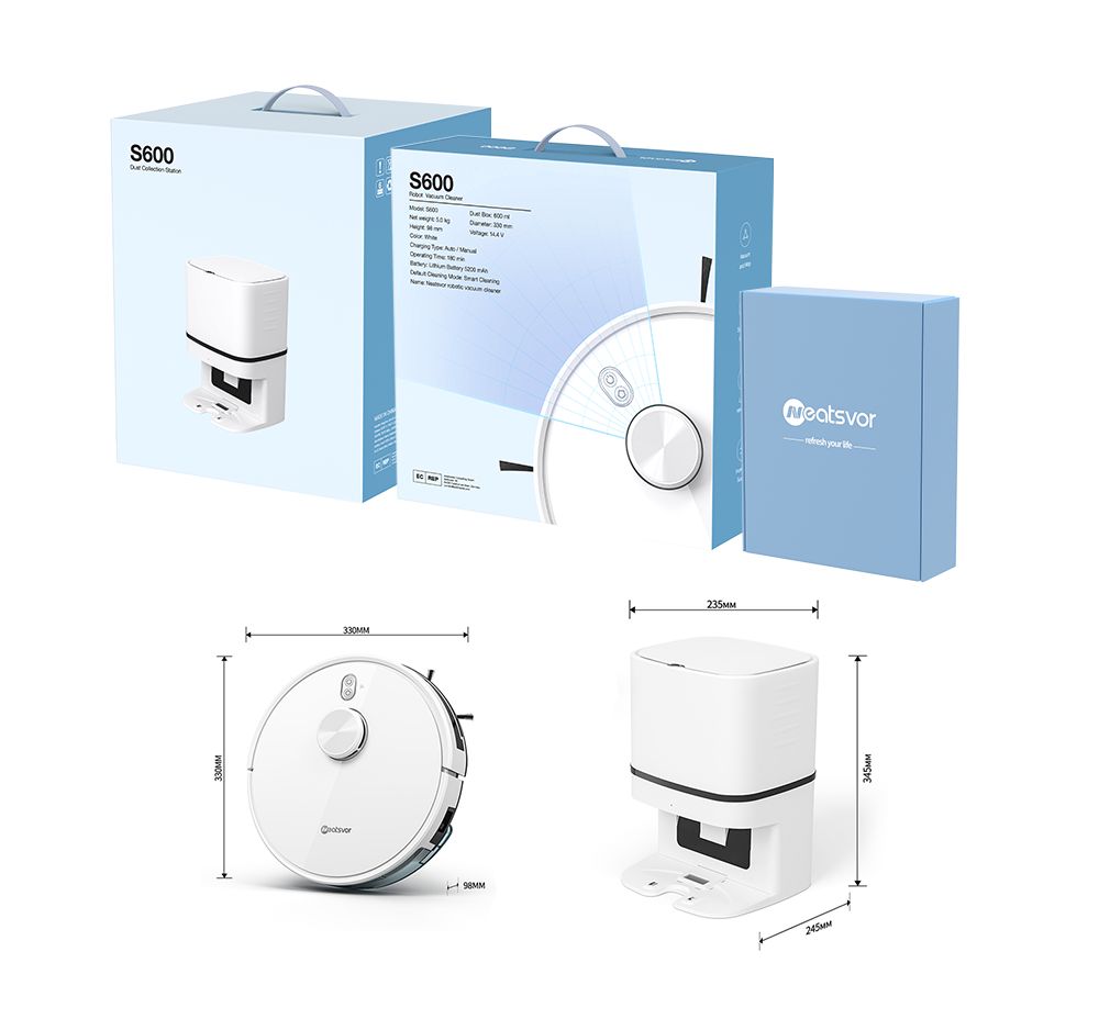 Robotický vysávač a mop Neatsvor S600, 2,8L nádoba na prach, 5200mAh batéria, LDS4.0 laserová navigácia, ovládanie cez aplikáciu, kompatibilita s Alexou a Google Home, 2-v-1 kefy, HEPA filtrácia a 350ml nádrž na vodu.