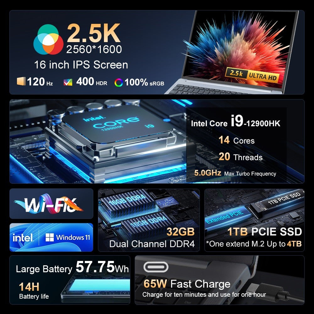 Laptop Ninkear N16 Pro, 16-palcový IPS displej s rozlíšením 2560*1600, Intel Core i9-12900HK s 14 jadierami, maximálnych 5,0 GHz, 32 GB RAM, 1 TB SSD, obnovovacia frekvencia 120 Hz, WiFi 6, batéria 5000 mAh, podsvietená klávesnica, 1x plne funkčný port Type-C, 2x USB 3.0, 1x USB 2.0, 1x HDMI, 1x RJ45, 1x 3,5mm jack pre slúchadlá