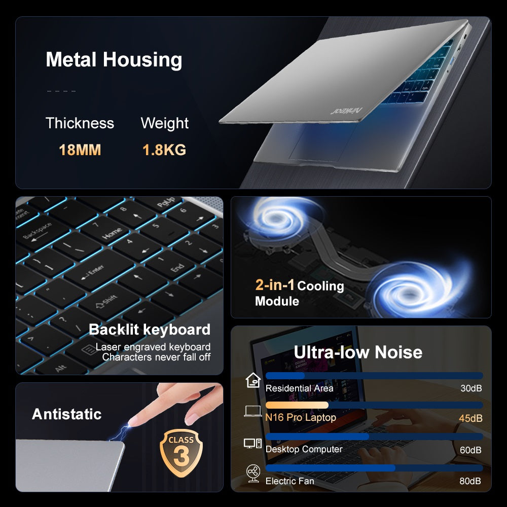 Laptop Ninkear N16 Pro, 16-palcový IPS displej s rozlíšením 2560*1600, Intel Core i9-12900HK s 14 jadierami, maximálnych 5,0 GHz, 32 GB RAM, 1 TB SSD, obnovovacia frekvencia 120 Hz, WiFi 6, batéria 5000 mAh, podsvietená klávesnica, 1x plne funkčný port Type-C, 2x USB 3.0, 1x USB 2.0, 1x HDMI, 1x RJ45, 1x 3,5mm jack pre slúchadlá
