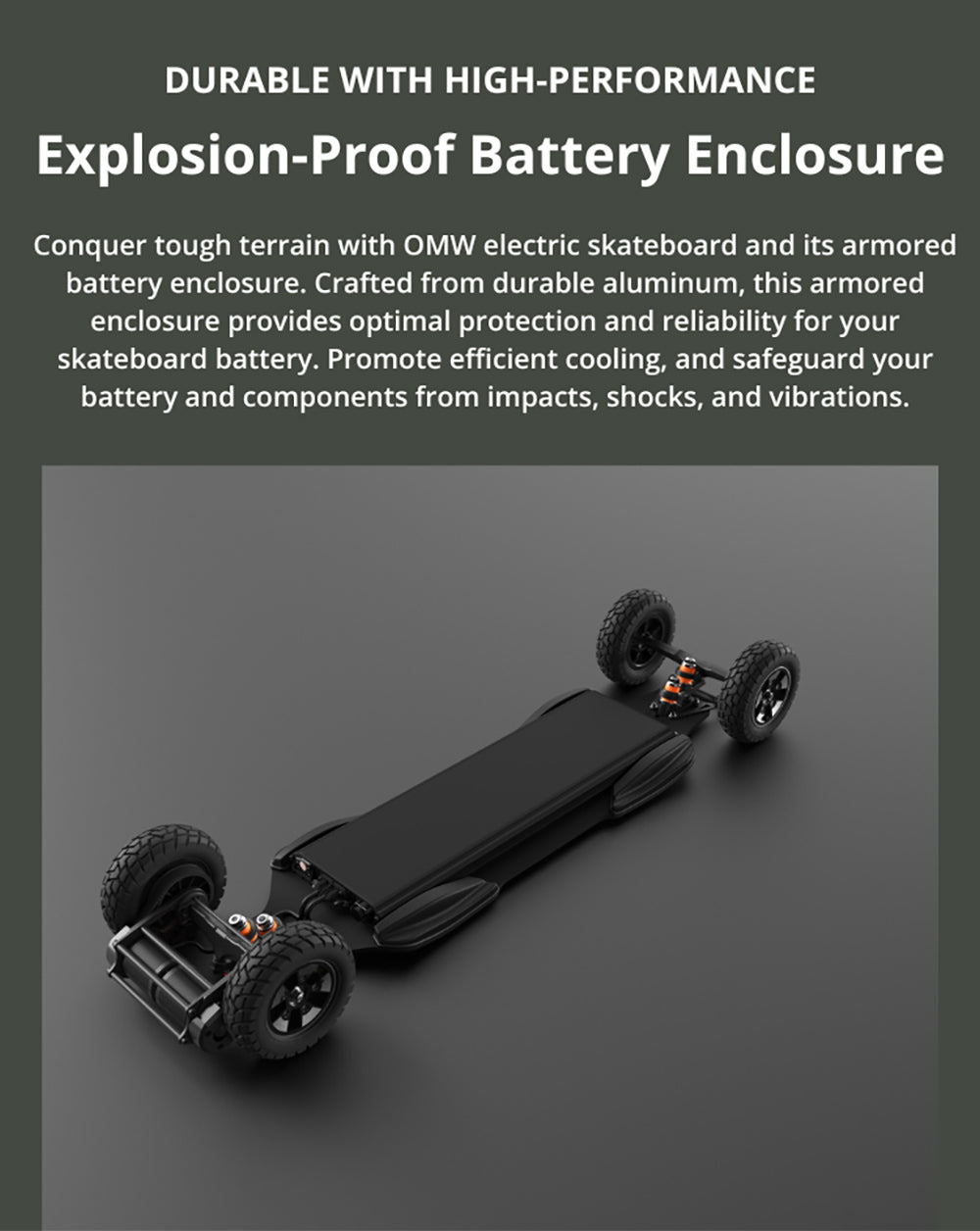 Elektrický skateboard OMW Cavalry, maximálny výkon 3500 W, batéria 43,2 V 20 Ah, maximálna rýchlosť 37 mph, dojazd 34 míľ.