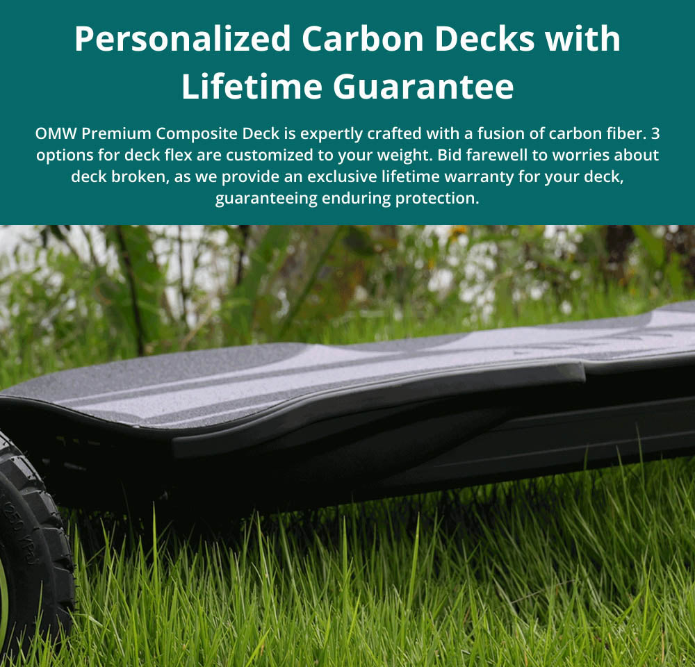 Elektrický skateboard OMW Cavalry, maximálny výkon 3500 W, batéria 43,2 V 20 Ah, maximálna rýchlosť 37 mph, dojazd 34 míľ.