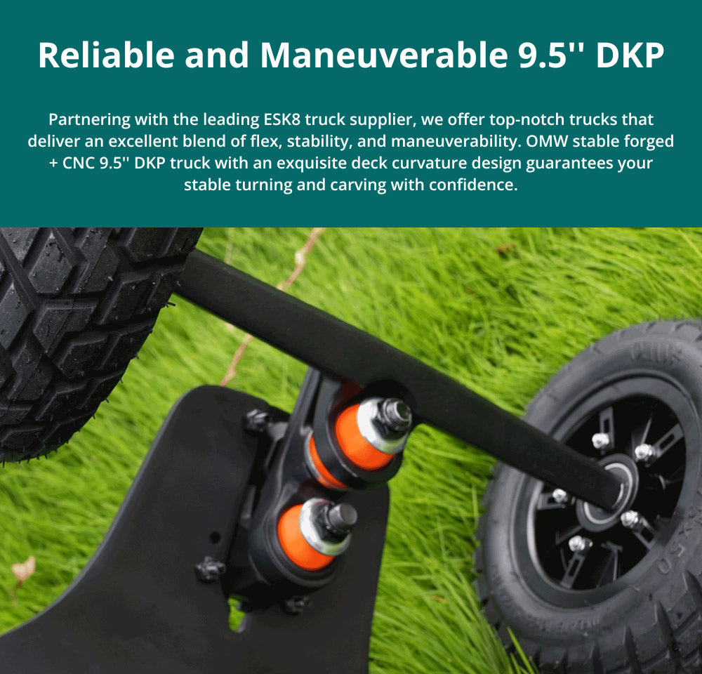 Elektrický skateboard OMW Cavalry, maximálny výkon 3500 W, batéria 43,2 V 20 Ah, maximálna rýchlosť 37 mph, dojazd 34 míľ.