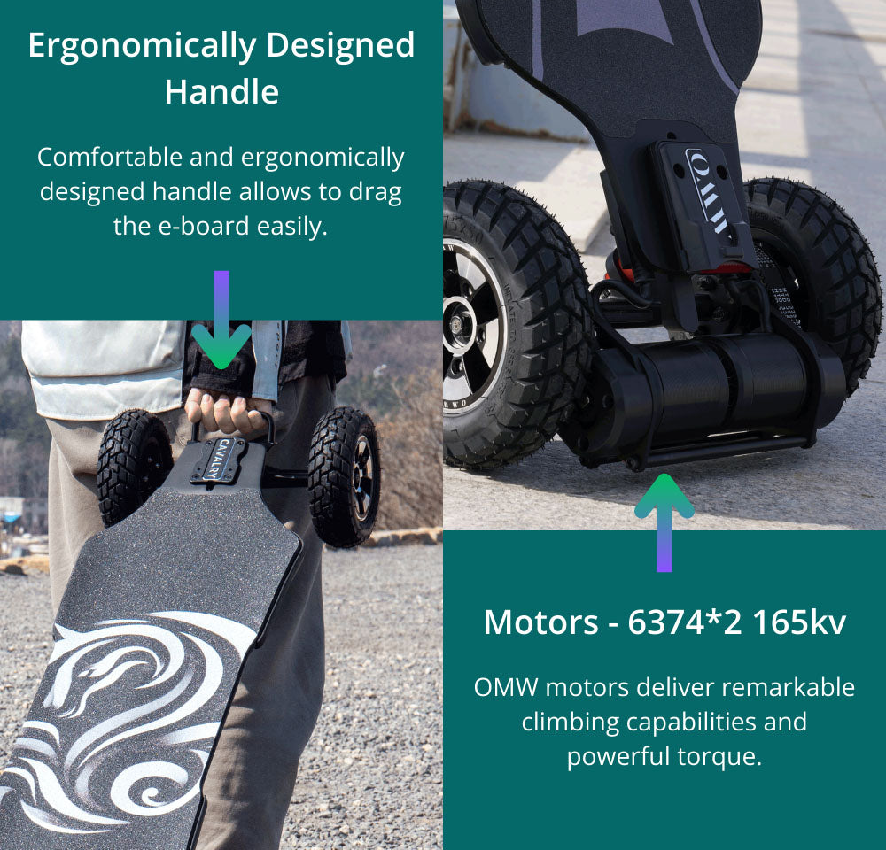 Elektrický skateboard OMW Cavalry, maximálny výkon 3500 W, batéria 43,2 V 20 Ah, maximálna rýchlosť 37 mph, dojazd 34 míľ.
