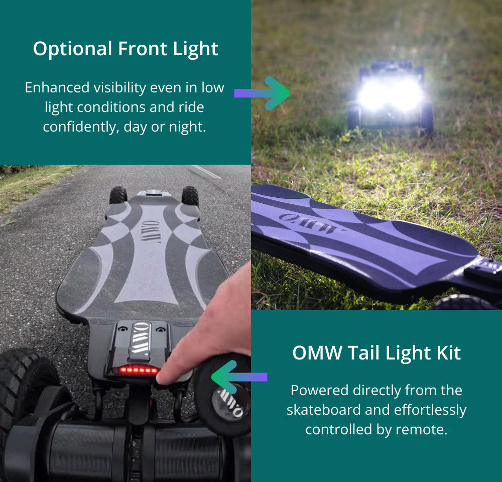 Elektrický skateboard OMW Cavalry, maximálny výkon 3500 W, batéria 43,2 V 20 Ah, maximálna rýchlosť 37 mph, dojazd 34 míľ.