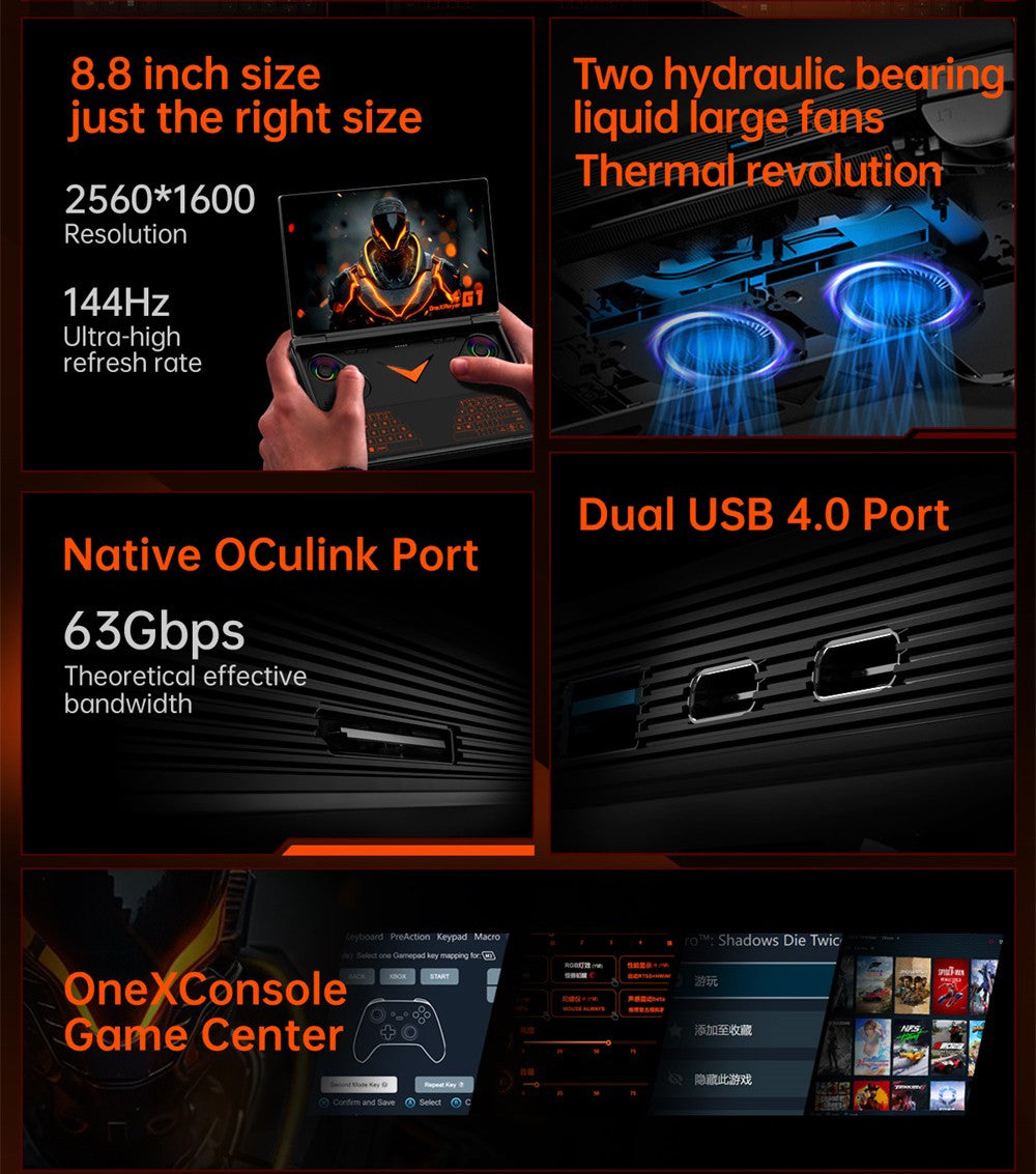 Prenosný herný PC One Netbook OneXPlayer G1, AMD Ryzen AI 9 HX 370 12 jadier, max. 5,1 GHz, 8,8'' 2560*1600 144 Hz displej, 64 GB LPDDR5X 7500 MHz RAM, 4 TB SSD, WiFi 6E, 2*USB-C, 1*USB3.2, 1*TF karta, 1* Oculink, 1*3,5 mm audio, odblokovanie odtlačkom prsta - EU zástrčka