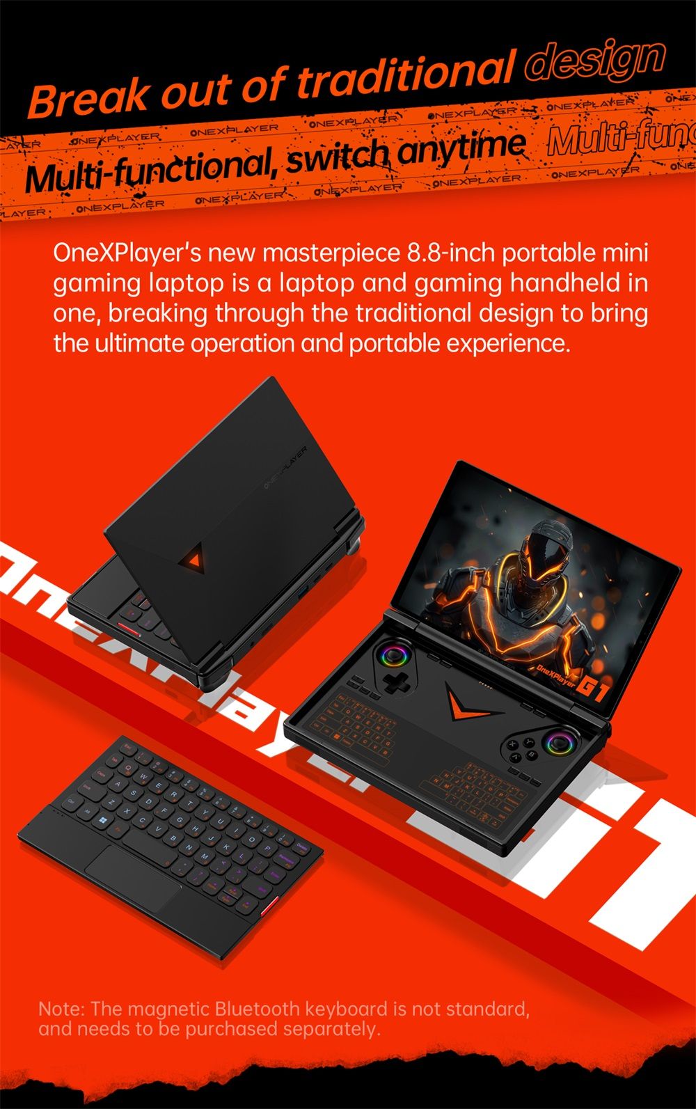 Prenosný herný PC One Netbook OneXPlayer G1, AMD Ryzen AI 9 HX 370 12 jadier, max. 5,1 GHz, 8,8'' 2560*1600 144 Hz displej, 64 GB LPDDR5X 7500 MHz RAM, 4 TB SSD, WiFi 6E, 2*USB-C, 1*USB3.2, 1*TF karta, 1* Oculink, 1*3,5 mm audio, odblokovanie odtlačkom prsta - EU zástrčka
