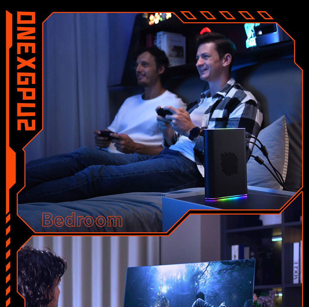 One Netbook ONEXGPU 2 eGPU dokovací stanica s grafickou kartou AMD Radeon RX 7800M, 12 GB GDDR6 RAM, 192bit, 1*Oculink, 1*USB-C 4.0, 2*USB 3.2, 1*PCIe 3.0 SSD, 1*RJ45, 1*HDMI 2.1, 2*DP 2.0, 65W reverzné nabíjanie, RGB svetelné efekty