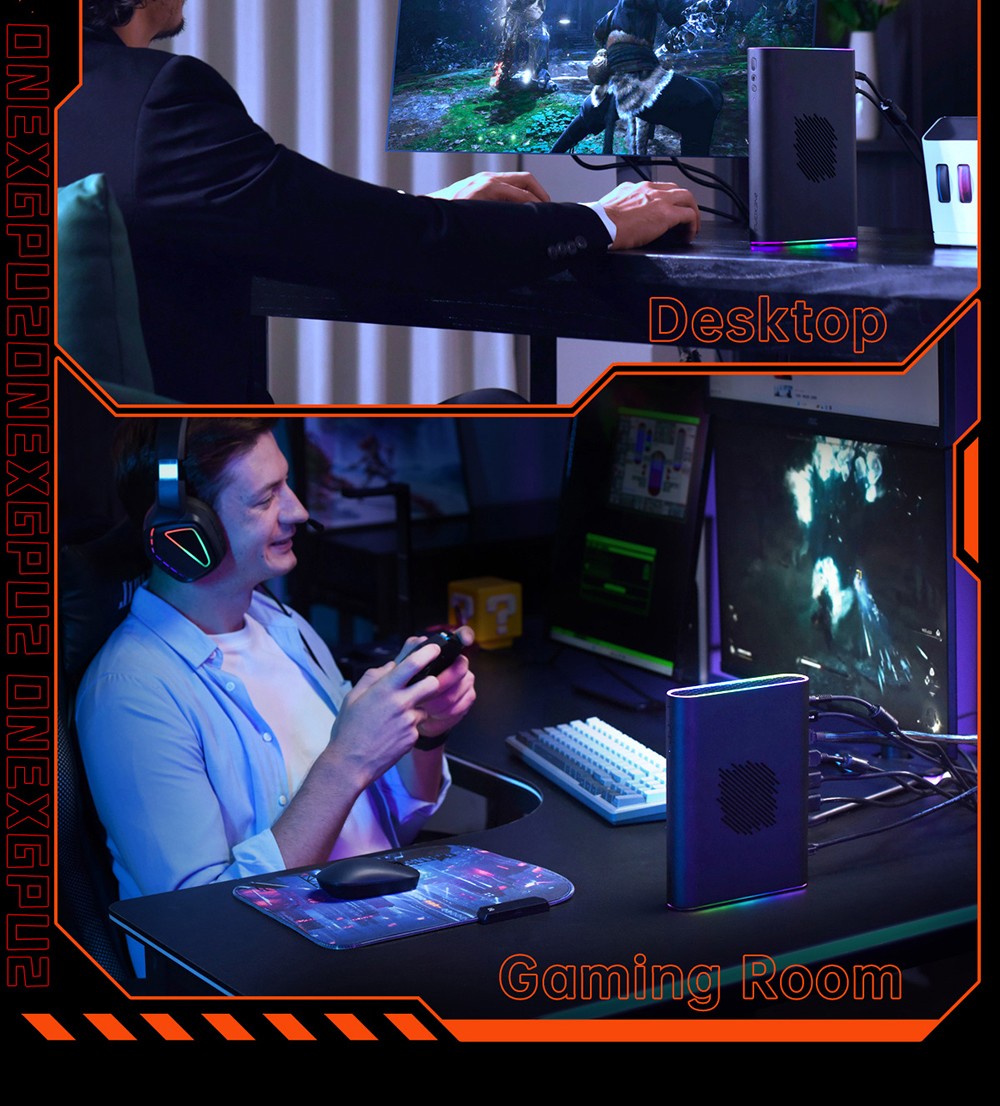 One Netbook ONEXGPU 2 eGPU dokovací stanica s grafickou kartou AMD Radeon RX 7800M, 12 GB GDDR6 RAM, 192bit, 1*Oculink, 1*USB-C 4.0, 2*USB 3.2, 1*PCIe 3.0 SSD, 1*RJ45, 1*HDMI 2.1, 2*DP 2.0, 65W reverzné nabíjanie, RGB svetelné efekty