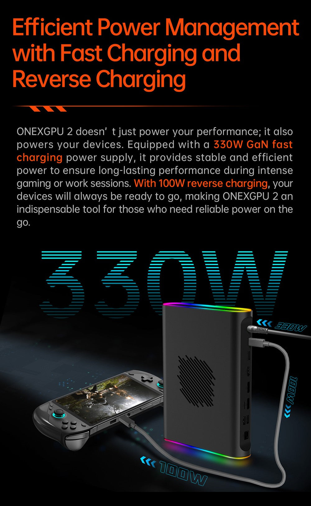 One Netbook ONEXGPU 2 eGPU dokovací stanica s grafickou kartou AMD Radeon RX 7800M, 12 GB GDDR6 RAM, 192bit, 1*Oculink, 1*USB-C 4.0, 2*USB 3.2, 1*PCIe 3.0 SSD, 1*RJ45, 1*HDMI 2.1, 2*DP 2.0, 65W reverzné nabíjanie, RGB svetelné efekty