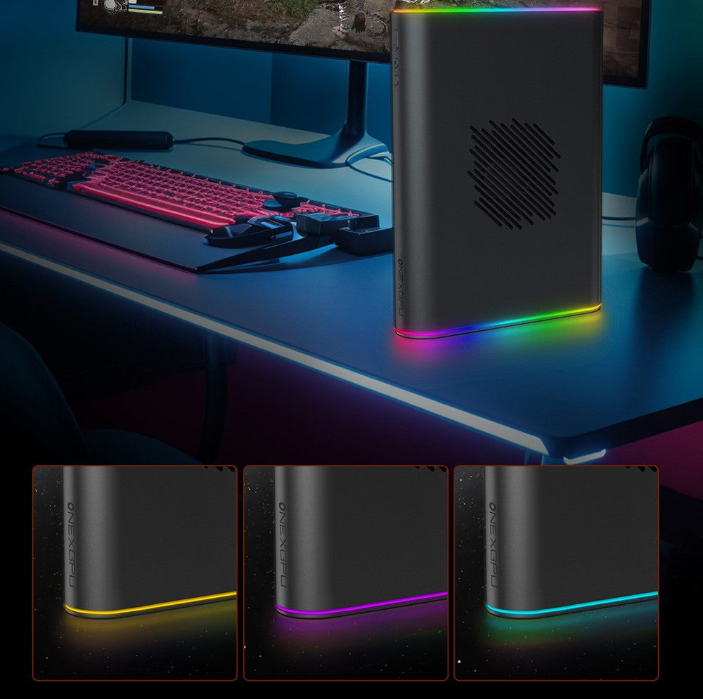 One Netbook ONEXGPU 2 eGPU dokovací stanica s grafickou kartou AMD Radeon RX 7800M, 12 GB GDDR6 RAM, 192bit, 1*Oculink, 1*USB-C 4.0, 2*USB 3.2, 1*PCIe 3.0 SSD, 1*RJ45, 1*HDMI 2.1, 2*DP 2.0, 65W reverzné nabíjanie, RGB svetelné efekty