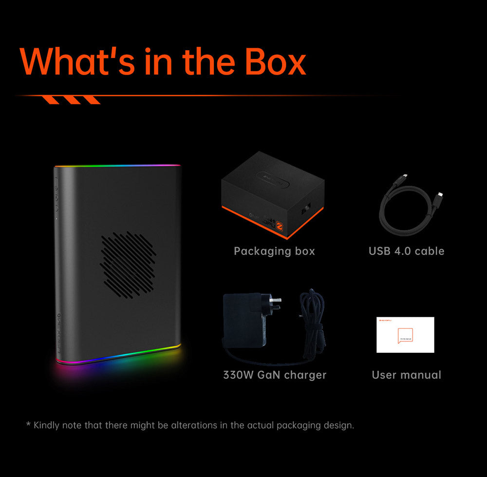 One Netbook ONEXGPU 2 eGPU dokovací stanica s grafickou kartou AMD Radeon RX 7800M, 12 GB GDDR6 RAM, 192bit, 1*Oculink, 1*USB-C 4.0, 2*USB 3.2, 1*PCIe 3.0 SSD, 1*RJ45, 1*HDMI 2.1, 2*DP 2.0, 65W reverzné nabíjanie, RGB svetelné efekty