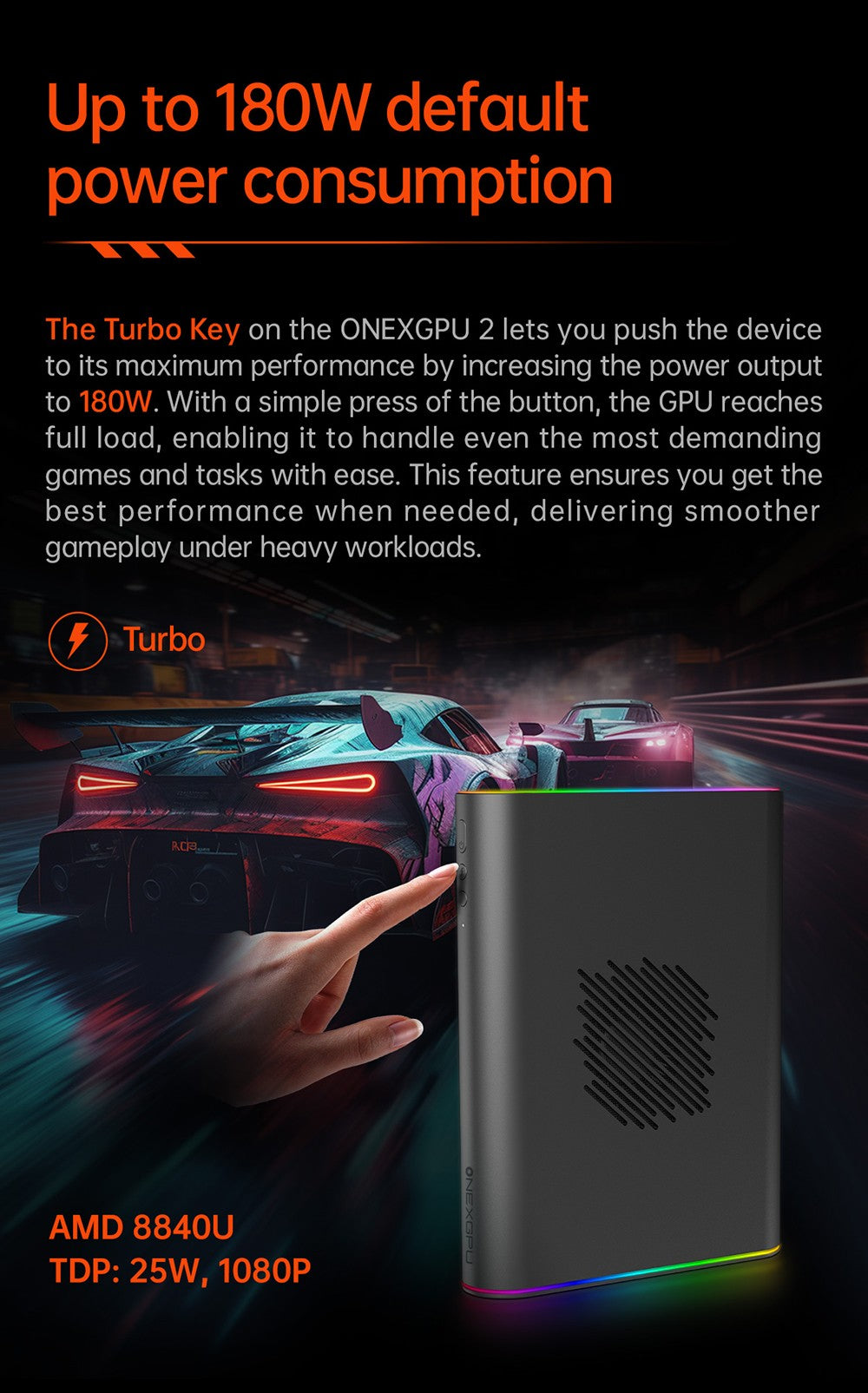 One Netbook ONEXGPU 2 eGPU dokovací stanica s grafickou kartou AMD Radeon RX 7800M, 12 GB GDDR6 RAM, 192bit, 1*Oculink, 1*USB-C 4.0, 2*USB 3.2, 1*PCIe 3.0 SSD, 1*RJ45, 1*HDMI 2.1, 2*DP 2.0, 65W reverzné nabíjanie, RGB svetelné efekty