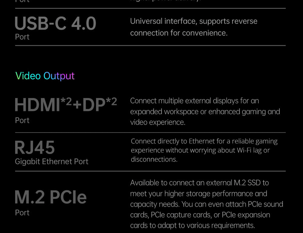 Externá grafická karta One Netbook ONEXGPU e-GPU Dock s grafickou kartou AMD Radeon RX 7600M XT, 8GB paměti, 1*Oculink, 1*USB-C 4.0, 2*HDMI, 2*DP, 2*USB-A 3.2, 1*M.2 2280, 1*RJ45, 100W reverzné nabíjanie, RGB svetelné efekty.
