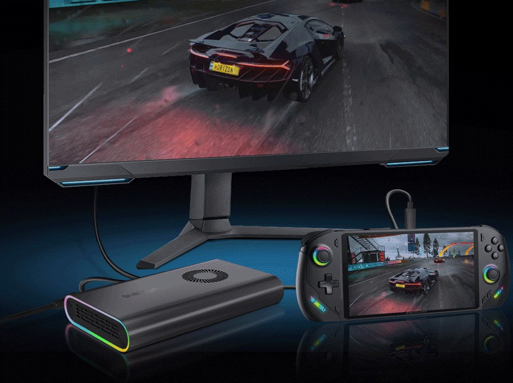 Externá grafická karta One Netbook ONEXGPU e-GPU Dock s grafickou kartou AMD Radeon RX 7600M XT, 8GB paměti, 1*Oculink, 1*USB-C 4.0, 2*HDMI, 2*DP, 2*USB-A 3.2, 1*M.2 2280, 1*RJ45, 100W reverzné nabíjanie, RGB svetelné efekty.