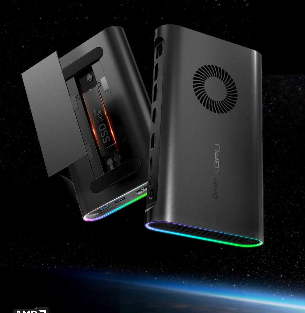 Externá grafická karta One Netbook ONEXGPU e-GPU Dock s grafickou kartou AMD Radeon RX 7600M XT, 8GB paměti, 1*Oculink, 1*USB-C 4.0, 2*HDMI, 2*DP, 2*USB-A 3.2, 1*M.2 2280, 1*RJ45, 100W reverzné nabíjanie, RGB svetelné efekty.