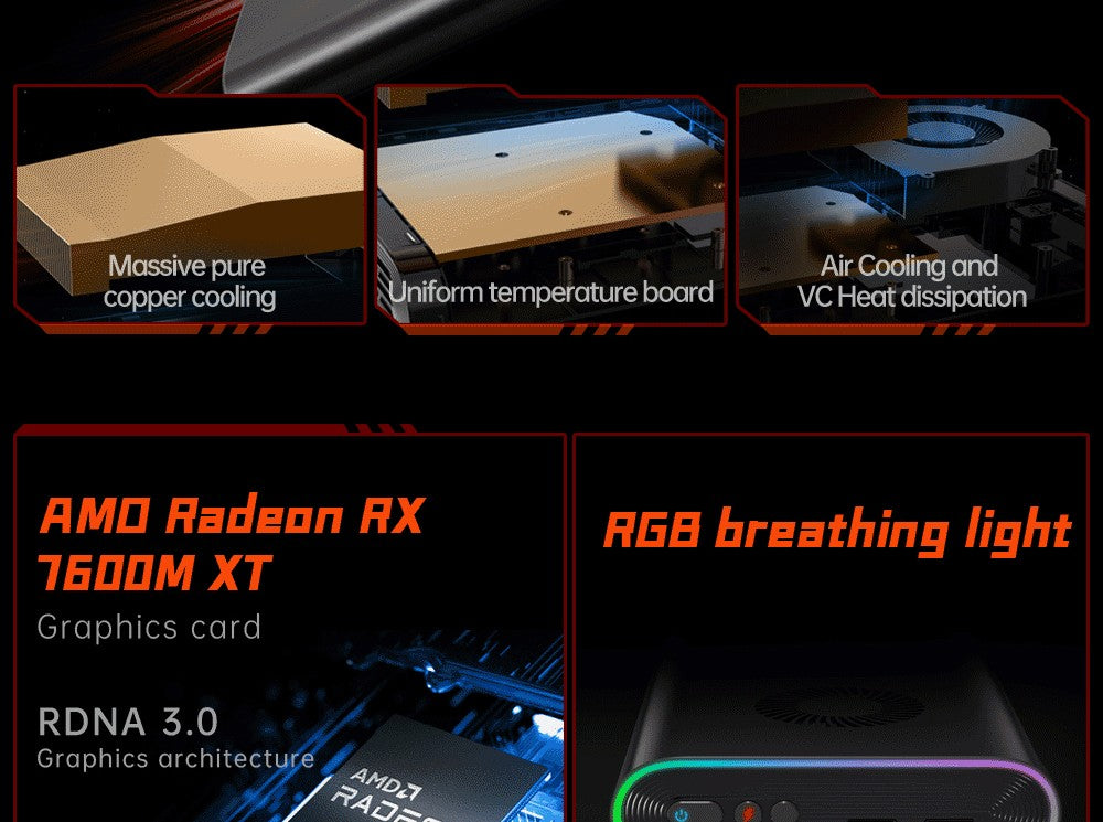 Externá grafická karta One Netbook ONEXGPU e-GPU Dock s grafickou kartou AMD Radeon RX 7600M XT, 8GB paměti, 1*Oculink, 1*USB-C 4.0, 2*HDMI, 2*DP, 2*USB-A 3.2, 1*M.2 2280, 1*RJ45, 100W reverzné nabíjanie, RGB svetelné efekty.