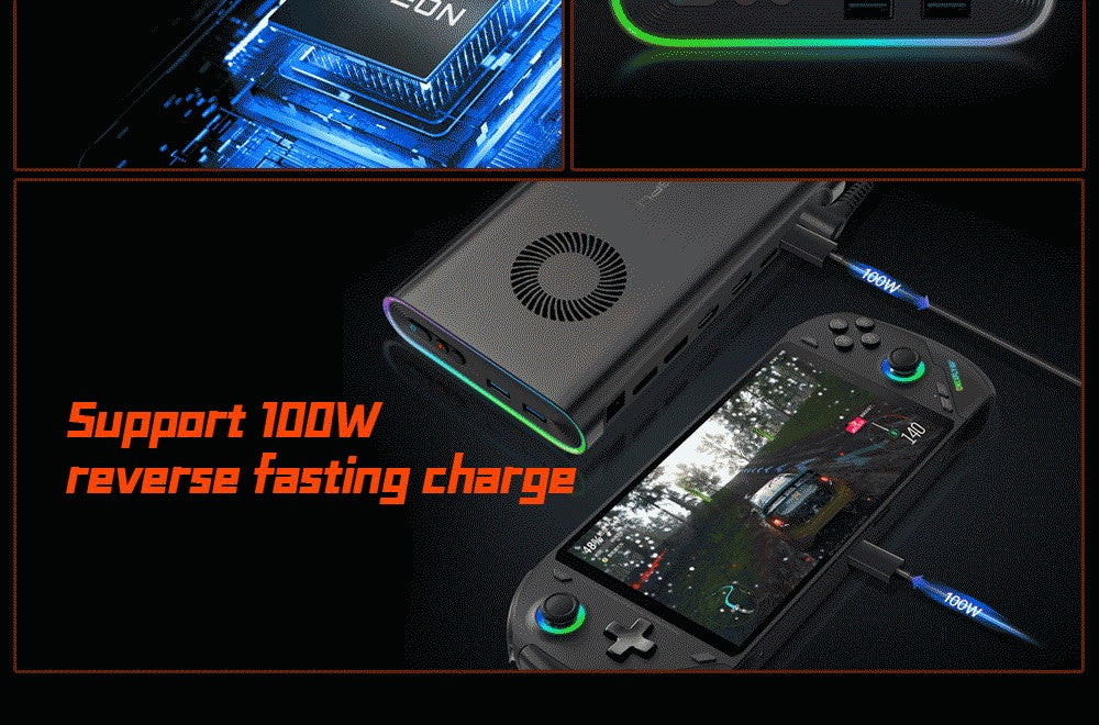 Externá grafická karta One Netbook ONEXGPU e-GPU Dock s grafickou kartou AMD Radeon RX 7600M XT, 8GB paměti, 1*Oculink, 1*USB-C 4.0, 2*HDMI, 2*DP, 2*USB-A 3.2, 1*M.2 2280, 1*RJ45, 100W reverzné nabíjanie, RGB svetelné efekty.