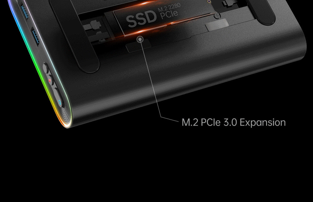 Externá grafická karta One Netbook ONEXGPU e-GPU Dock s grafickou kartou AMD Radeon RX 7600M XT, 8GB paměti, 1*Oculink, 1*USB-C 4.0, 2*HDMI, 2*DP, 2*USB-A 3.2, 1*M.2 2280, 1*RJ45, 100W reverzné nabíjanie, RGB svetelné efekty.