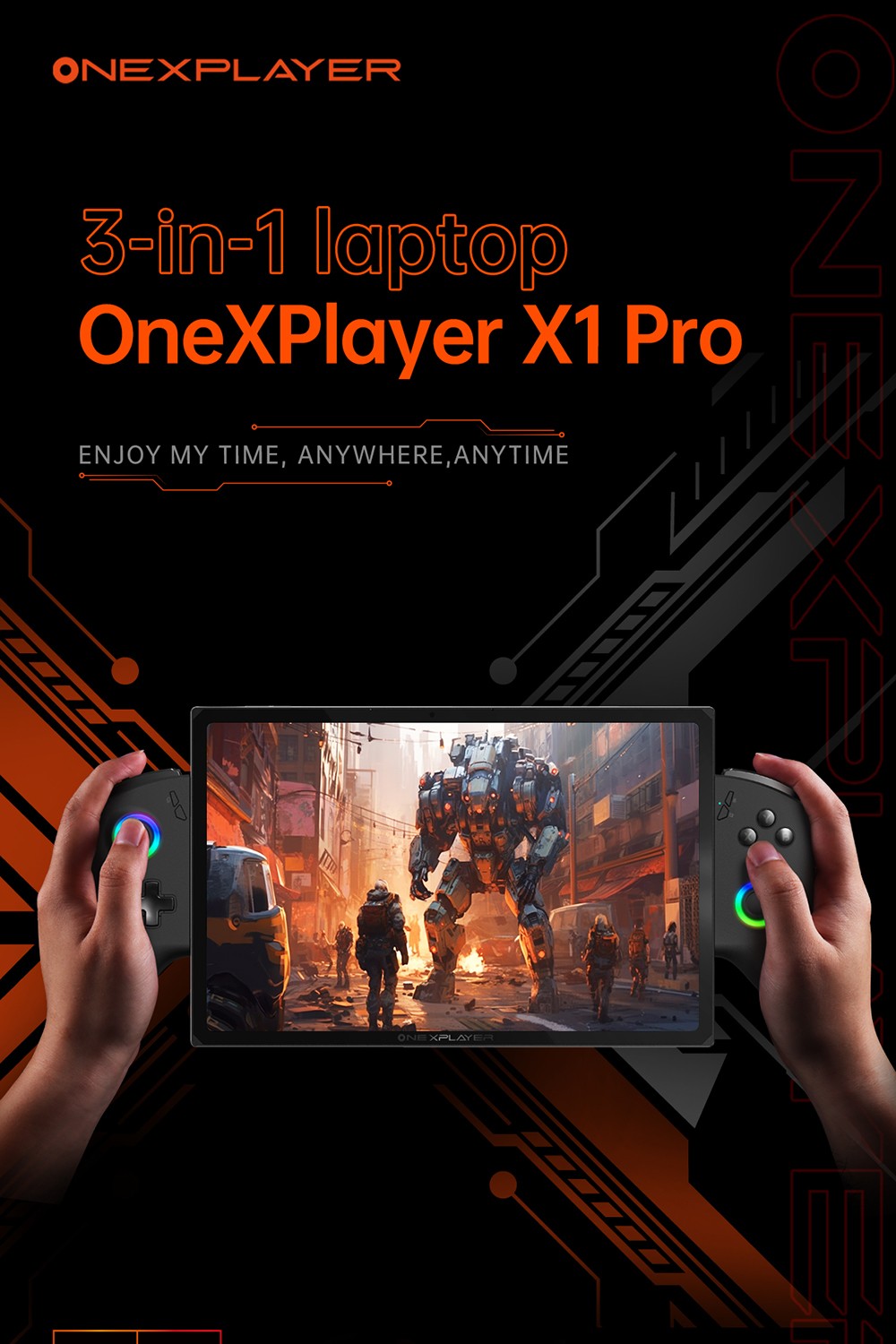 One Netbook OneXPlayer X1 Pro prenosný herný PC, AMD Ryzen AI 9 HX 370 12 jadier, max. 5,1 GHz, 10,95'' 2560*1600 120 Hz LTPS displej, 64 GB LPDDR5x 7500 MHz RAM, 2 TB SSD, 2*USB-C, 1*USB3.2, 1*TF karta, 1* Oculink, 1*3,5 mm audio, Harman Sound System - americká zástrčka