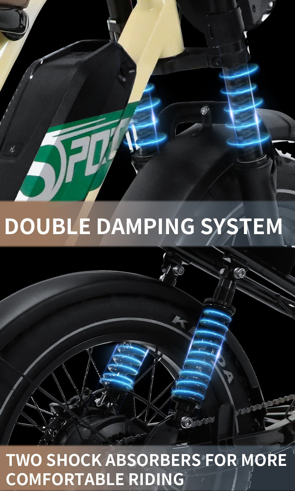 Elektrokolo ONESPORT W66, 500W motor, 48V 13,5Ah batéria, 20*4,0 palcové pneumatiky, maximálna rýchlosť 25 km/h, dojazd 100 km, predné a zadné hydraulické kotúčové brzdy, odpružená predná vidlica, 7-stupňová prevodovka.