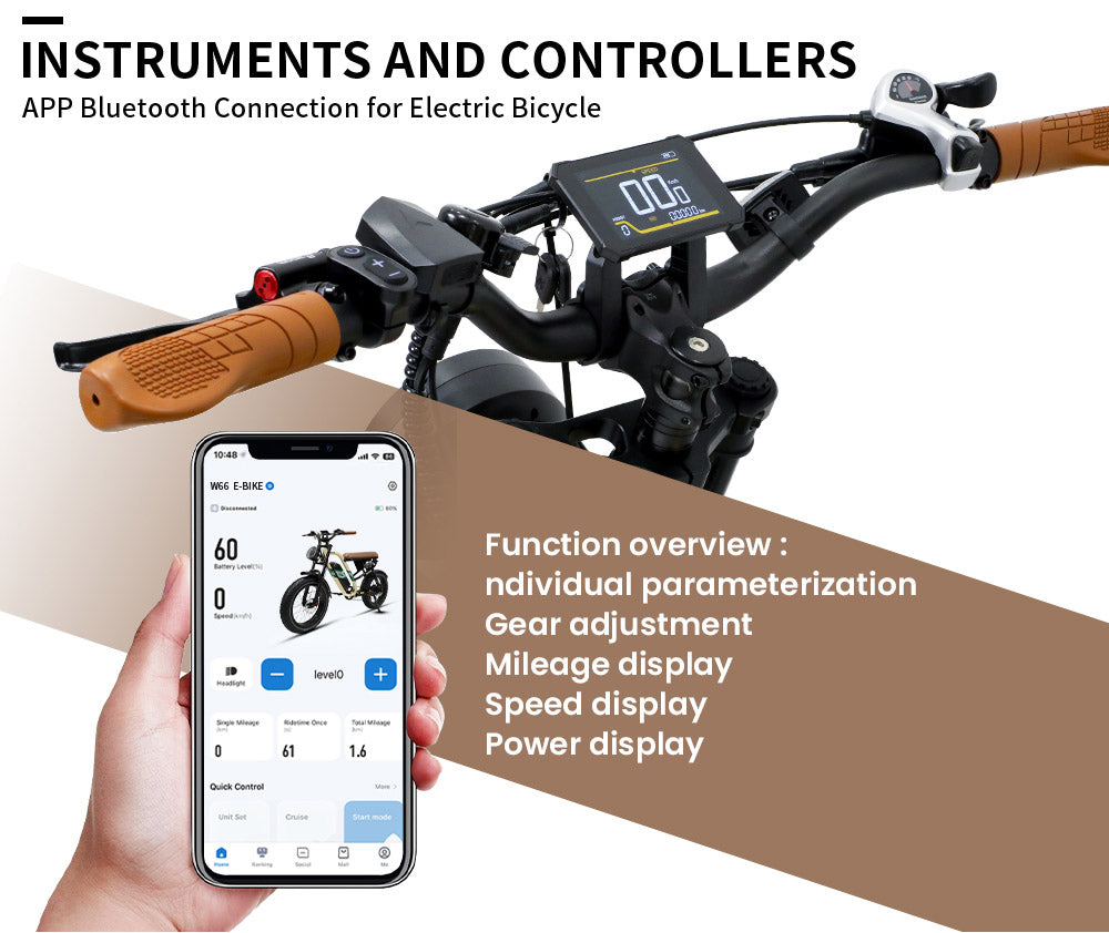 Elektrokol ONESPORT W66, 500W motor, 48V 13,5Ah batéria, 20*4,0 palcové pneumatiky, maximálna rýchlosť 25 km/h, dojazd 100 km, predné a zadné hydraulické kotúčové brzdy, odpružená predná vidlica, 7-stupňová prevodovka